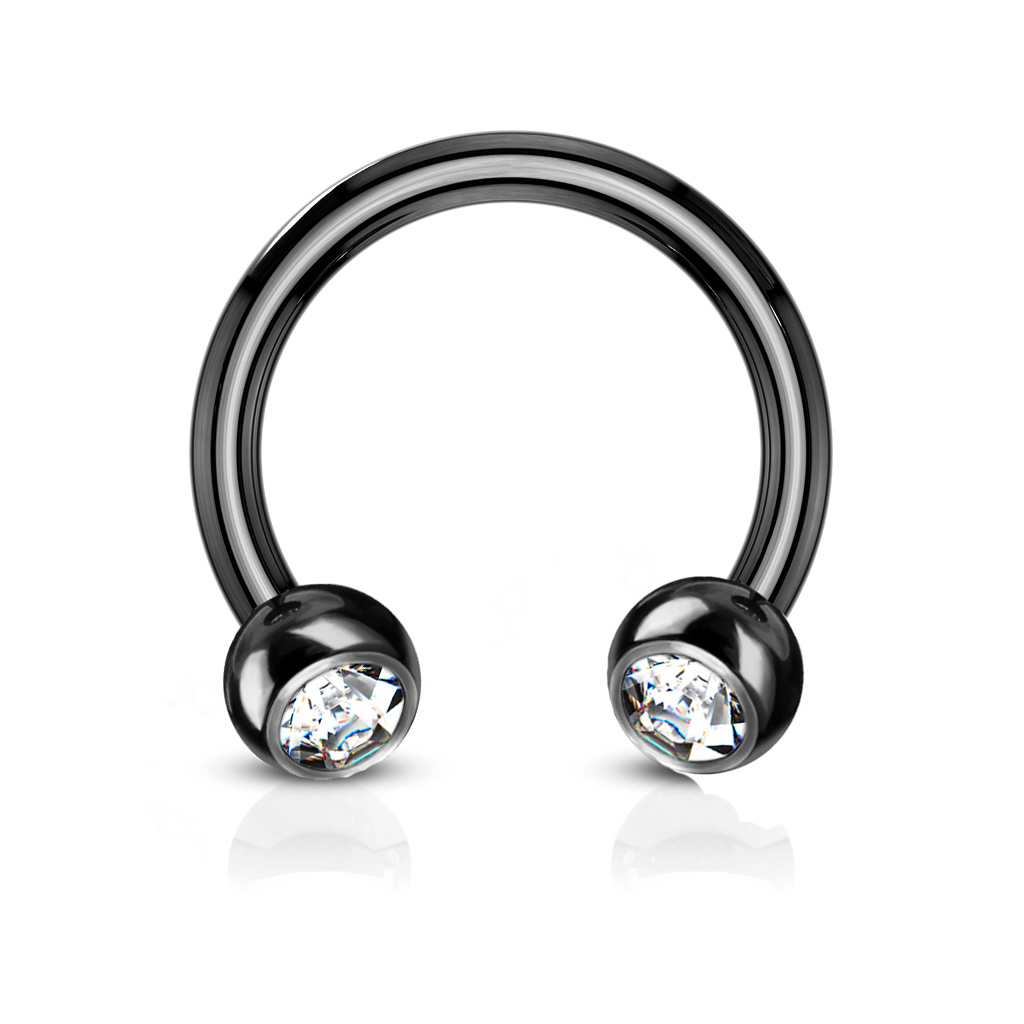 עגיל פירסינג טראגוס / הליקס / ספטום פרסה שחורה וקריסטלים לבנים