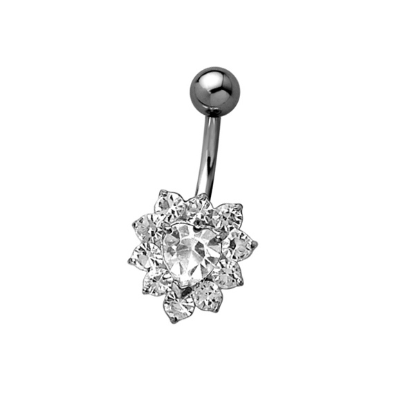 עגיל פירסינג בטבור - לב קריסטלים לבנים