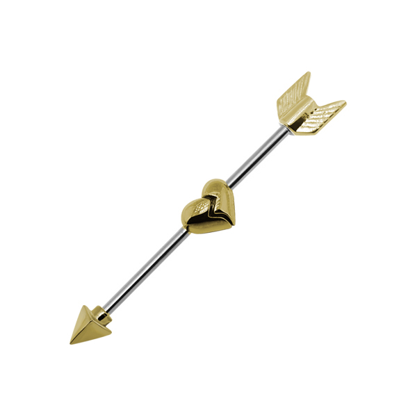 עגיל אינדסטריאל ציפוי זהב  - חץ ולב