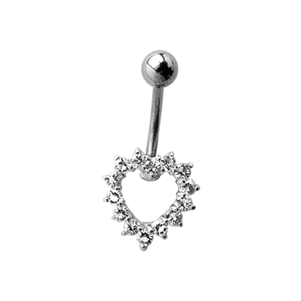 עגיל פירסינג בטבור - לב קריסטלים לבנים