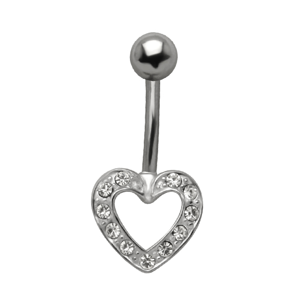 עגיל פירסינג בטבור - לב חלול קריסטלים לבנים