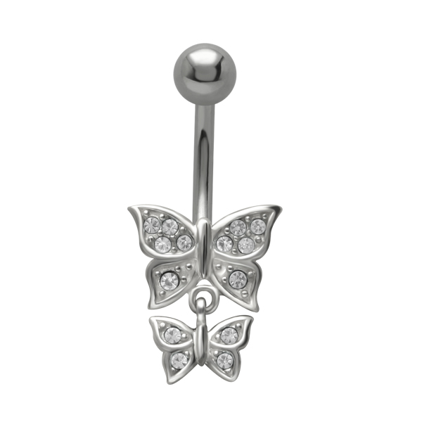 עגיל פירסינג בטבור - שני פרפרים וקריסטלים לבנים