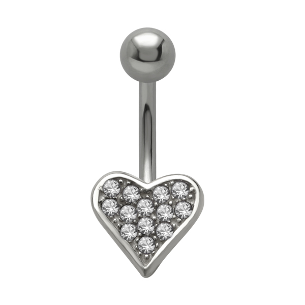 עגיל פירסינג בטבור - לב קריסטלים לבנים