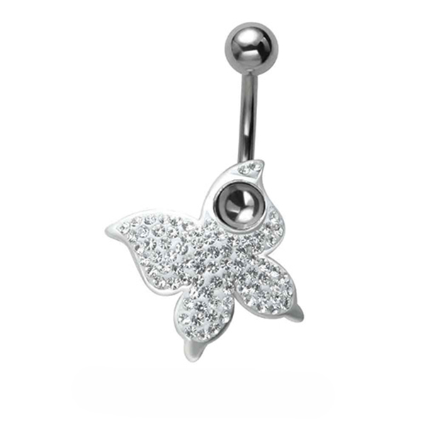 עגיל פירסינג בטבור -פרפר וקריסטלים לבנים