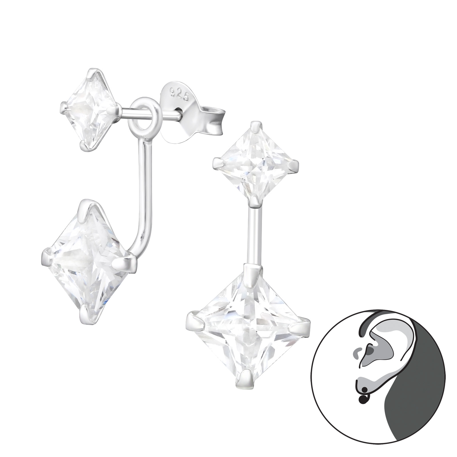 עגילים צמודים כפולים מכסף - 2 זירקוניה מעויינים לבנים