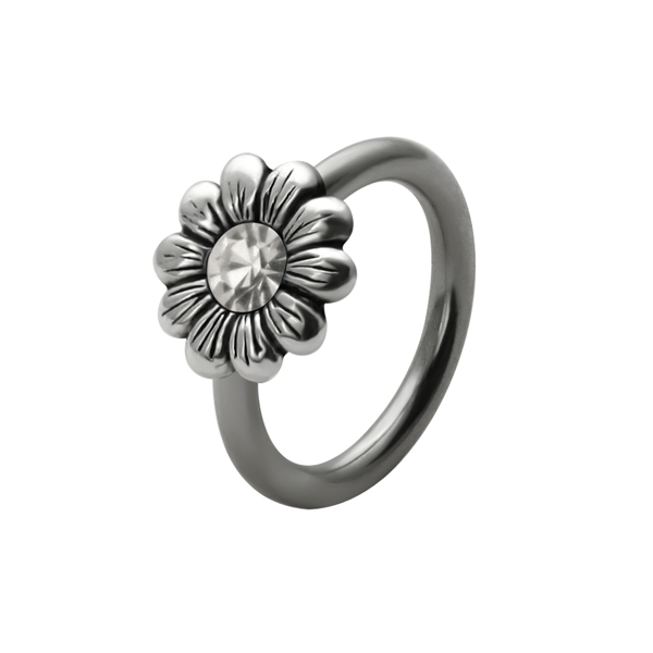 עגיל פירסינג בטבור - טבעת לחץ פרח מרגנית קריסטל לבן