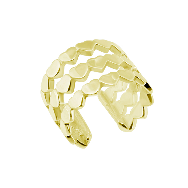 עגיל ללא חור קליפ מכסף וציפוי זהב 3 שורות לבבות