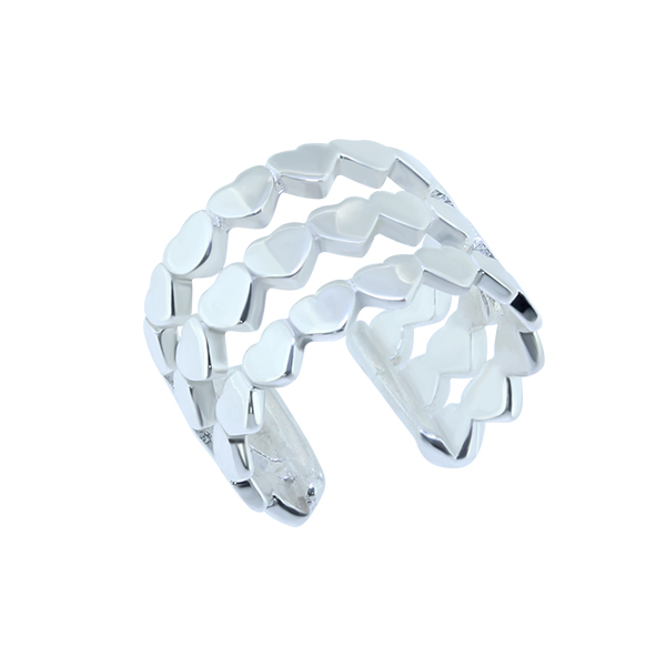 עגיל ללא חור קליפ מכסף 3 שורות לבבות