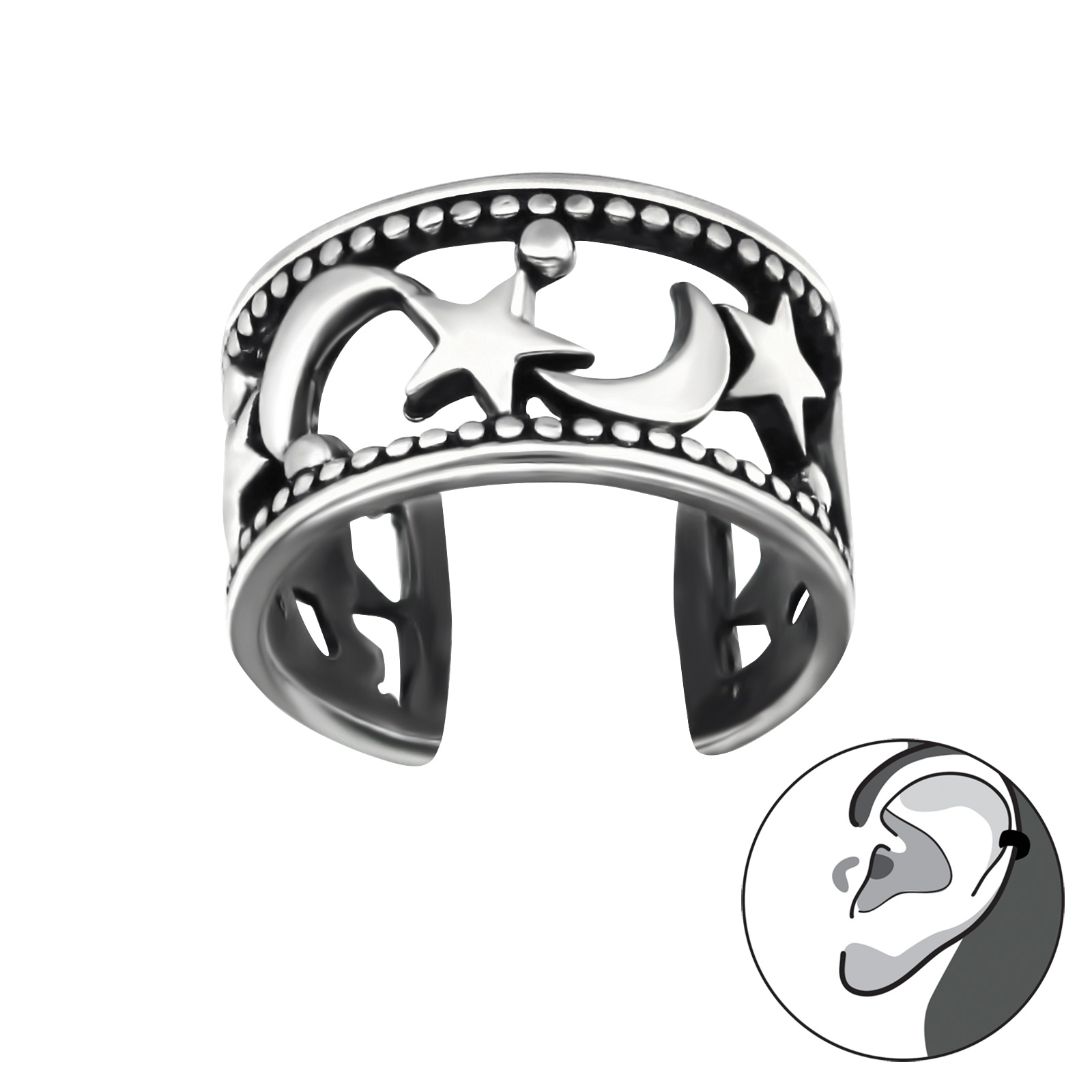 עגיל ללא חור קליפ מכסף ירח וכוכבים מושחרים