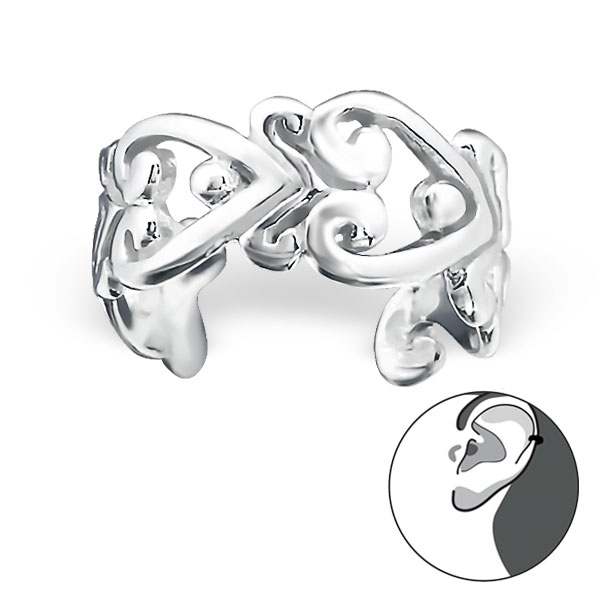 עגיל ללא חור קליפ מכסף לבבות מעוטרים