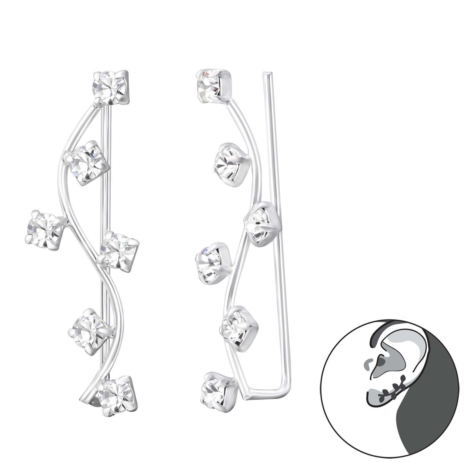 זוג עגילים מטפסים - גבעול וקריסטלים לבנים