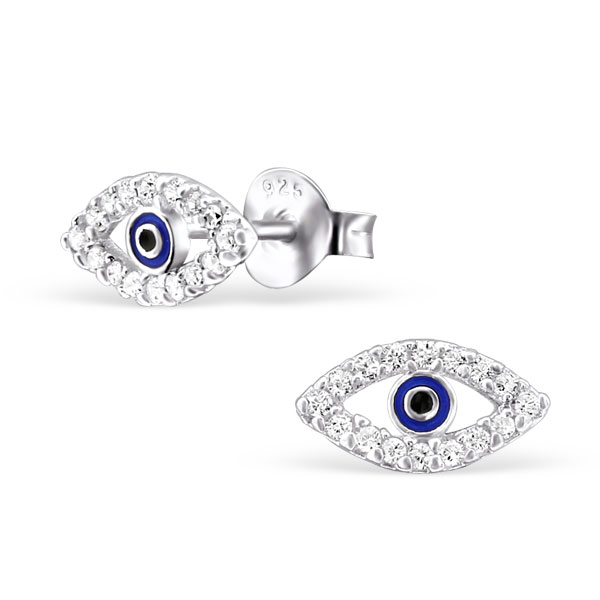 עגילים צמודים מכסף שיבוץ פבה עין וקריסטלים לבנים