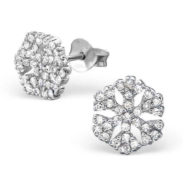 עגילים צמודים מכסף פתיתי שלג וקריסטלים לבנים