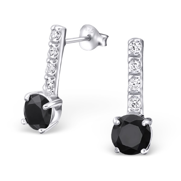 עגילים צמודים מכסף שיבוץ פבה עיגול שחור ושורת קריסטלים לבנים