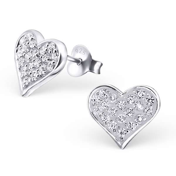 עגילים צמודים מכסף - לב וקריסטלים לבנים בשיבוץ פבה