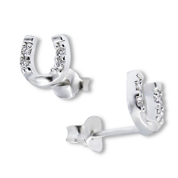 עגילים צמודים מכסף - פרסה וקריסטלים לבנים