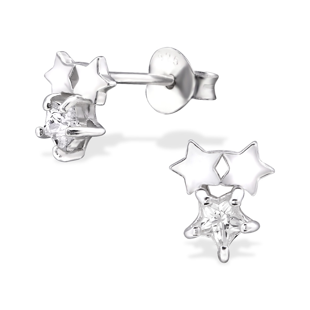 עגילים צמודים מכסף - 3 כוכבים וקריסטל