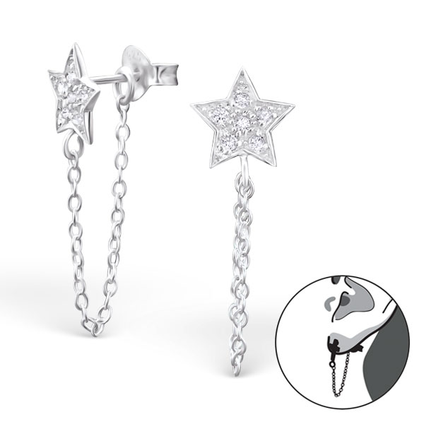 עגילים צמודים מכסף - כוכב קריסטלים ושרשרת