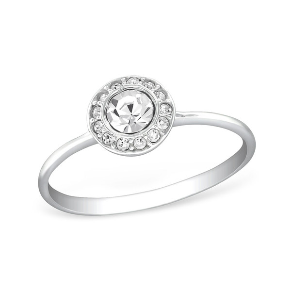 טבעת מכסף עיגול זירקון וקריסטלים לבנים