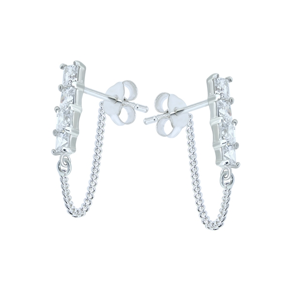 זוג עגילי כסף צמודים - פס של 4 קריסטלים לבנים ושרשרת