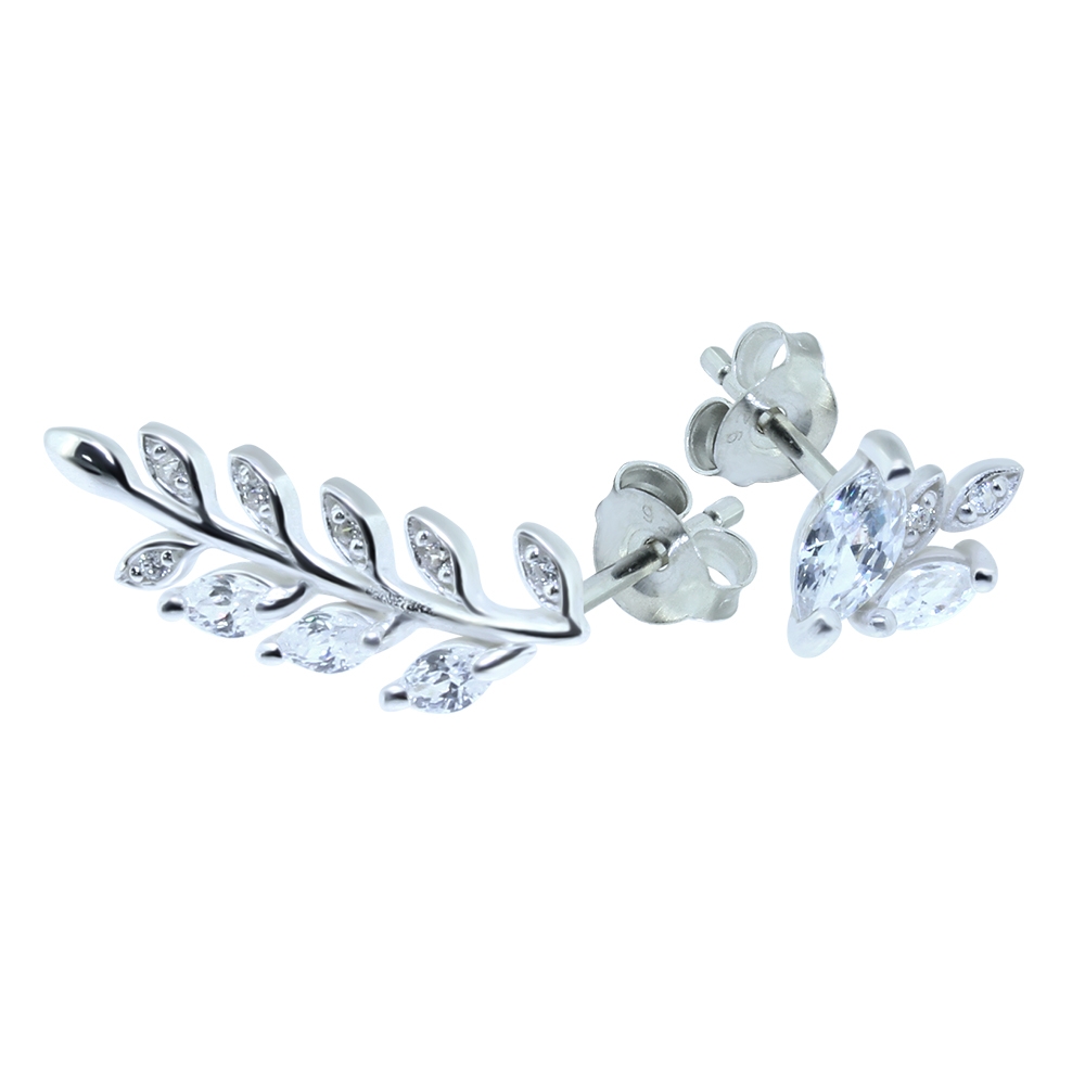 עגילים צמודים מכסף עלה גדול וקטן קריסטלים משובצים