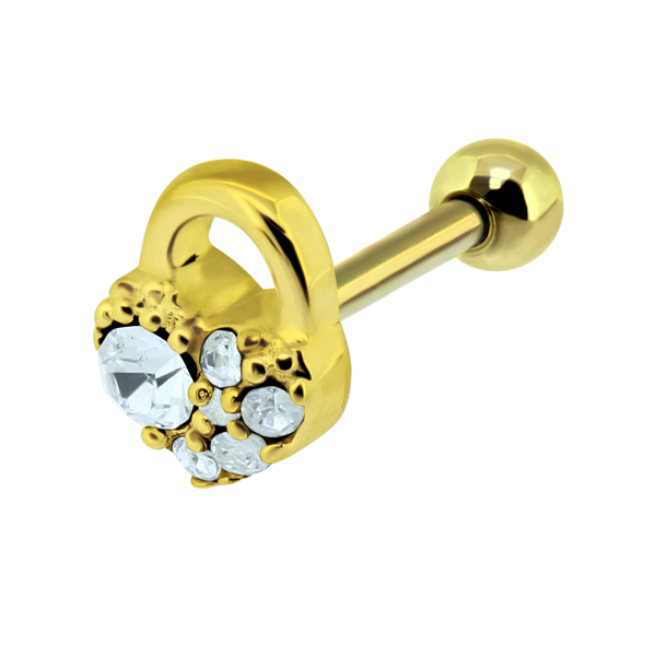 עגיל פירסינג הליקס - ציפוי זהב לב ומנעול קריסטלים לבנים