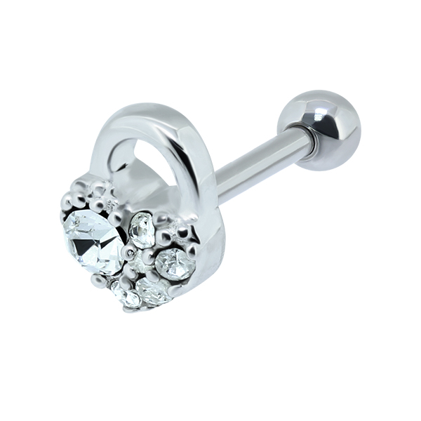 עגיל פירסינג הליקס - לב ומנעול קריסטלים לבנים