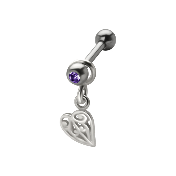 עגיל פרסינג הליקס \ טראגוס - לב קריסטל סגול