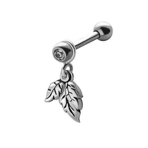 עגיל הליקס/טראגוס -  כסף שני עלים וקריסטל לבן