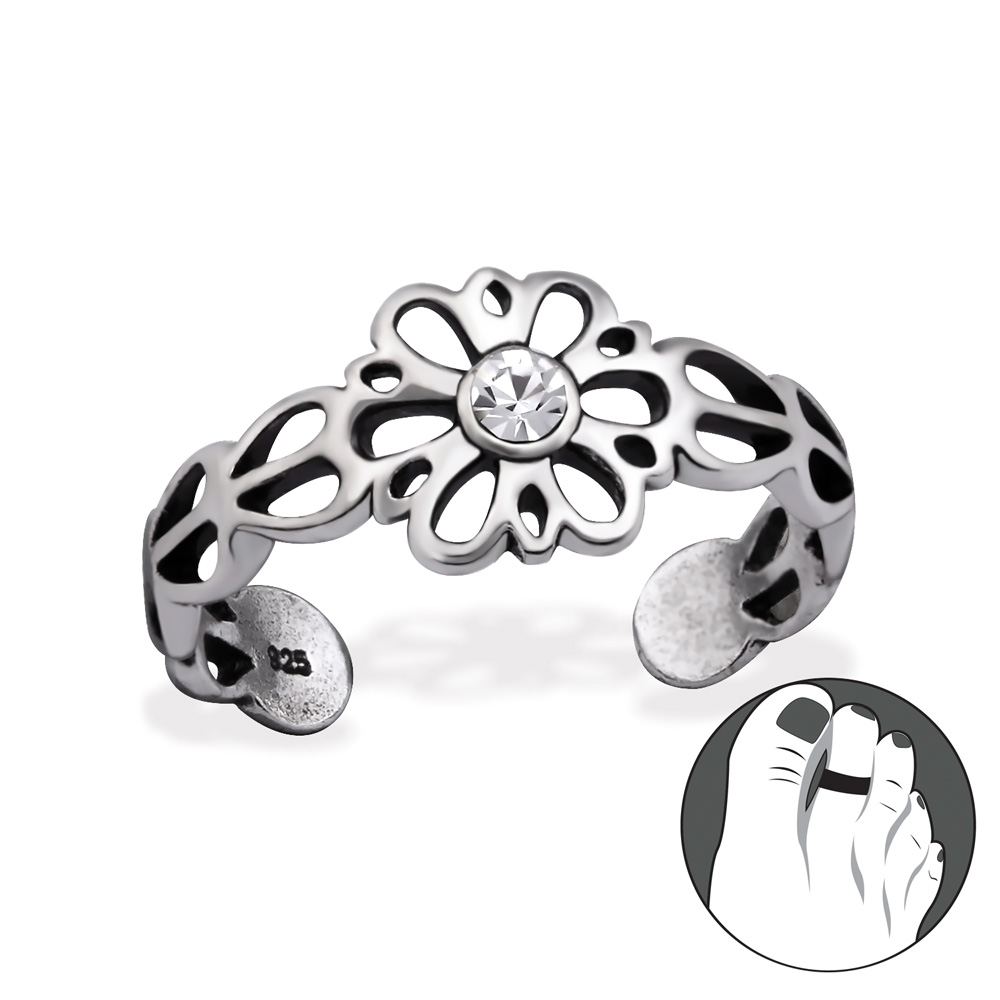 טבעת רגל מכסף - פרח וקריסטל לבן