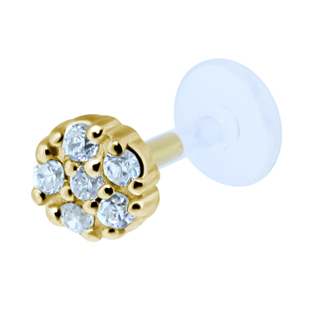 עגיל פירסינג טראגוס מכסף וציפוי זהב - עיגול וקריסטלים לבנים