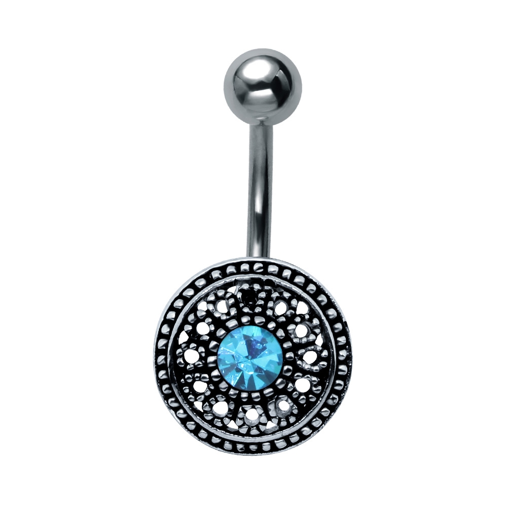 עגיל פירסינג בטבור - עיטור ביזנטי עיגול וקריסטל תכלת