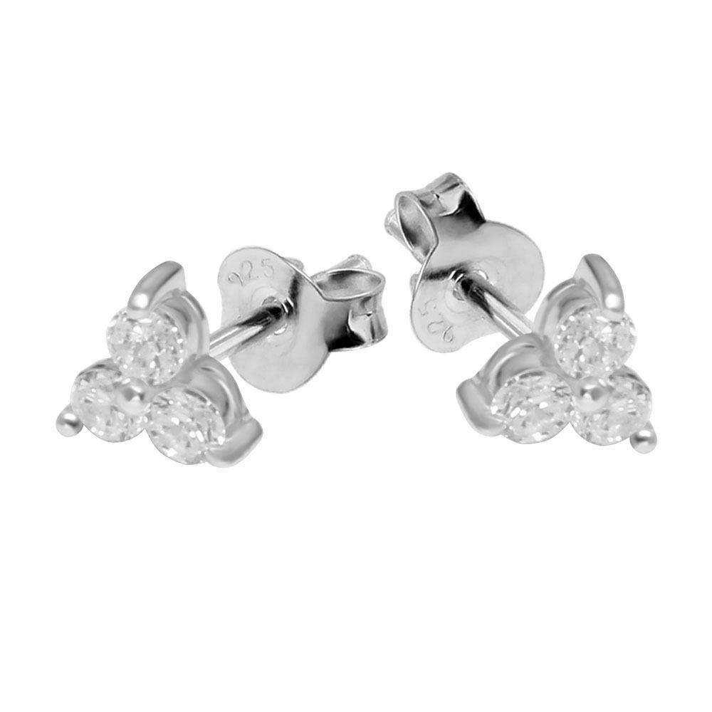 עגילים צמודים מכסף פרח 3 קריסטלים לבנים