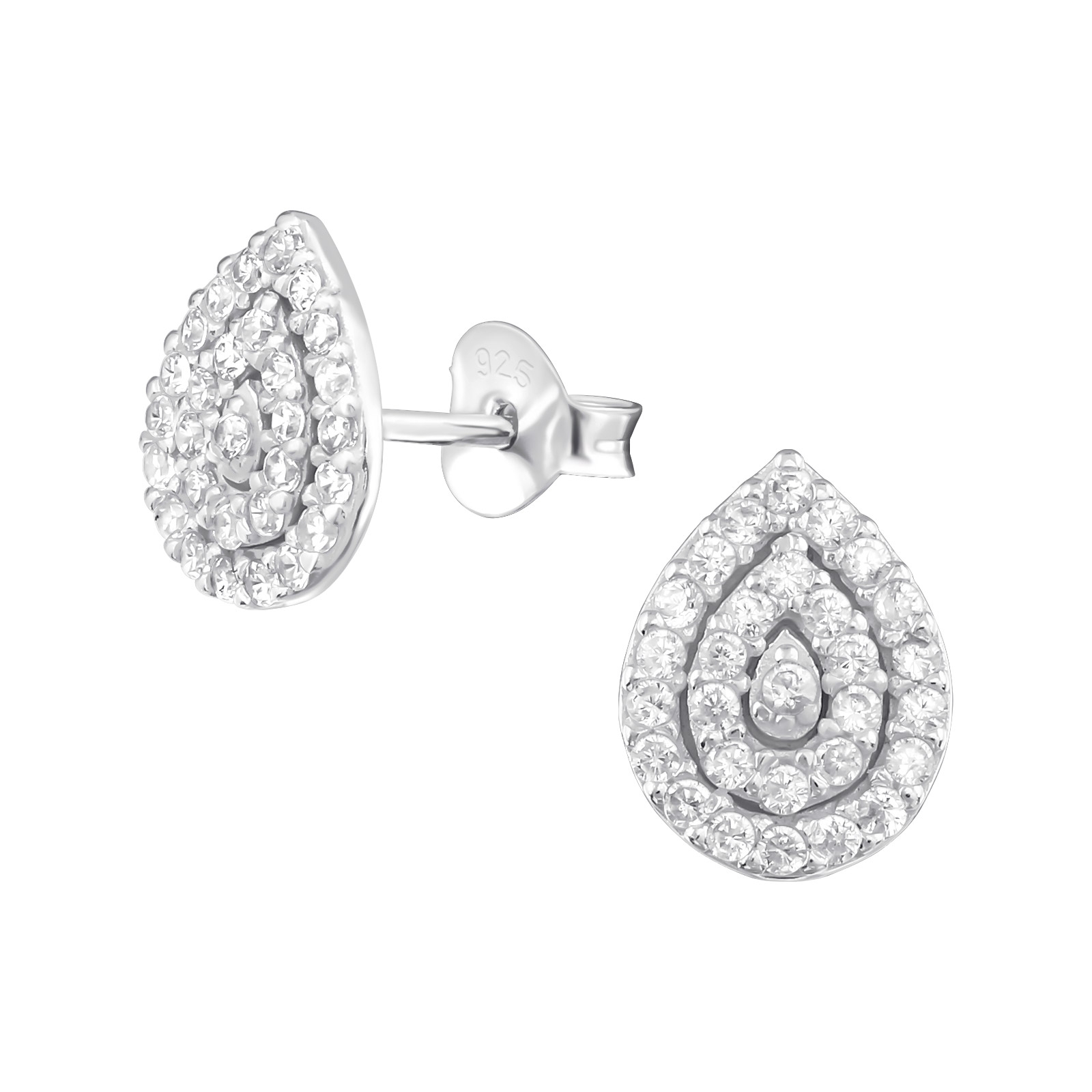 עגילים צמודים מכסף - טיפות וקריסטלים לבנים