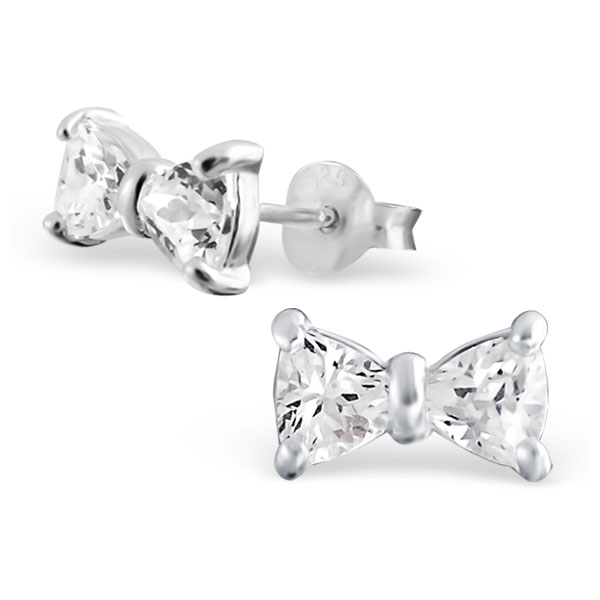 עגילים צמודים מכסף -פפיון וקריסטלים לבנים