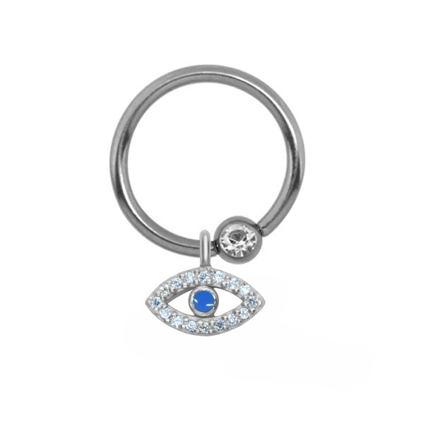 עגיל טבעת לחץ הליקס / טראגוס - עין מכסף וקריסטל לבן