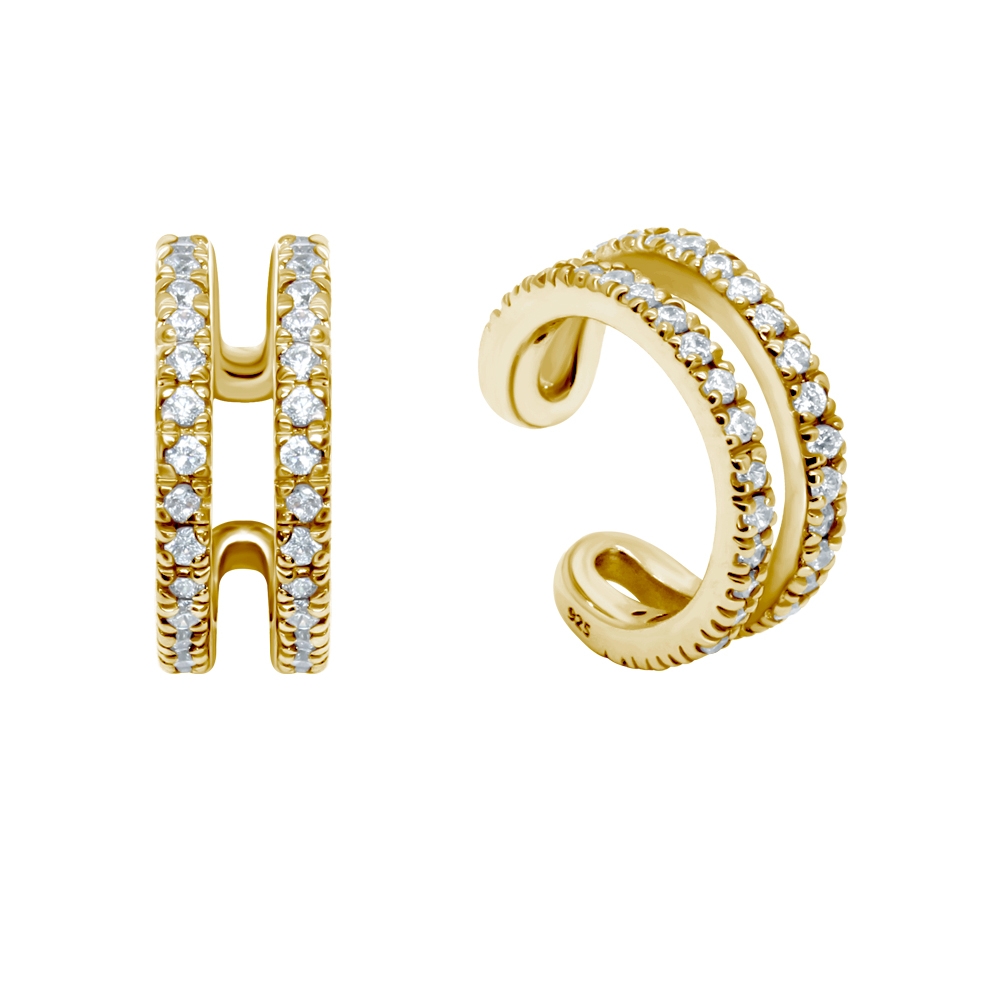 עגיל ללא חור קליפ מכסף וציפוי זהב 2 פסים וקריסטלים לבנים משובצים