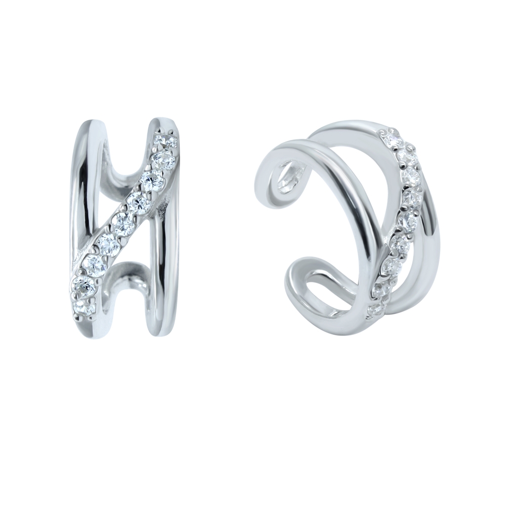 עגיל ללא חור קליפ מכסף גל של קריסטלים לבנים משובצים