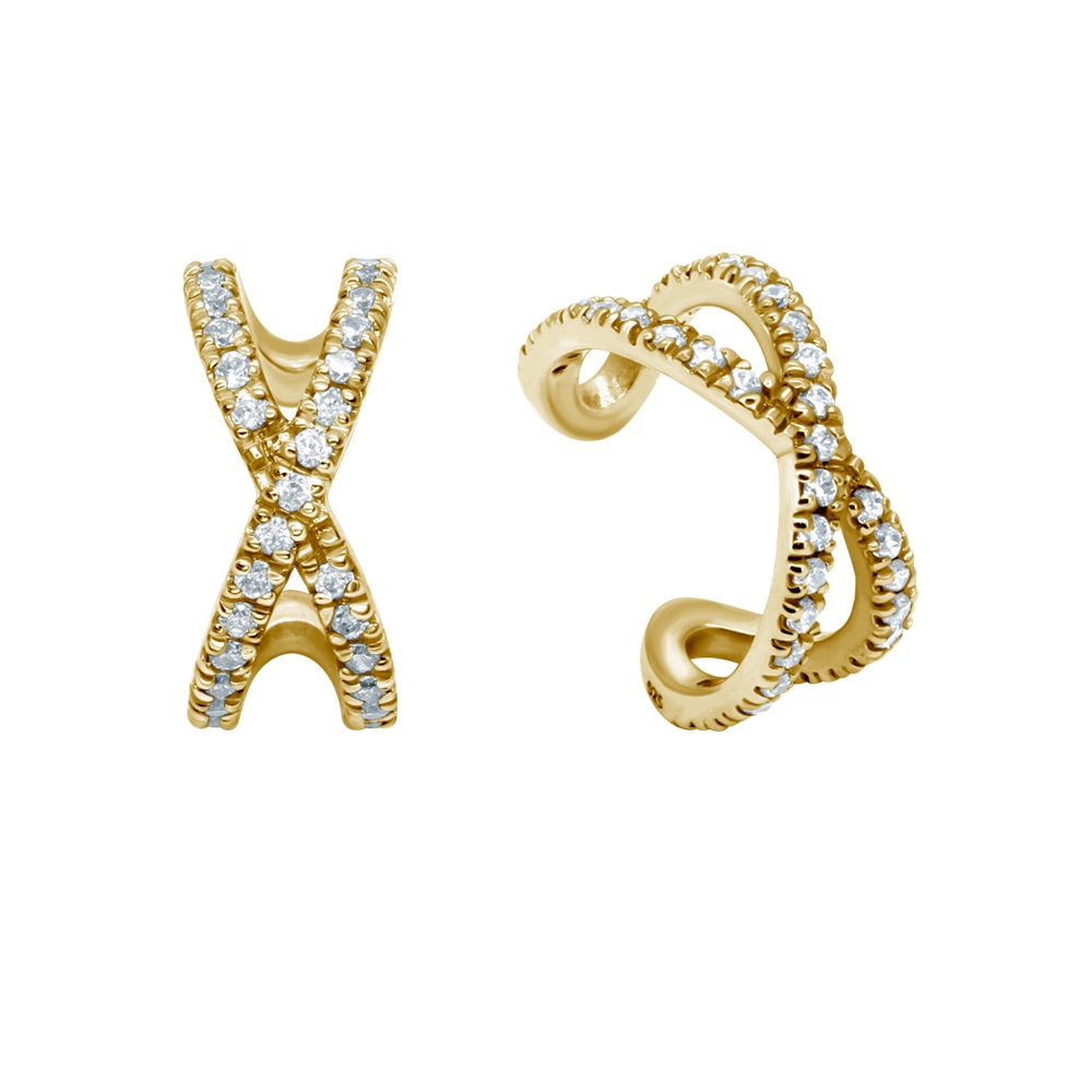 עגיל ללא חור קליפ מכסף וציפוי זהב איקס קריסטלים לבנים משובצים