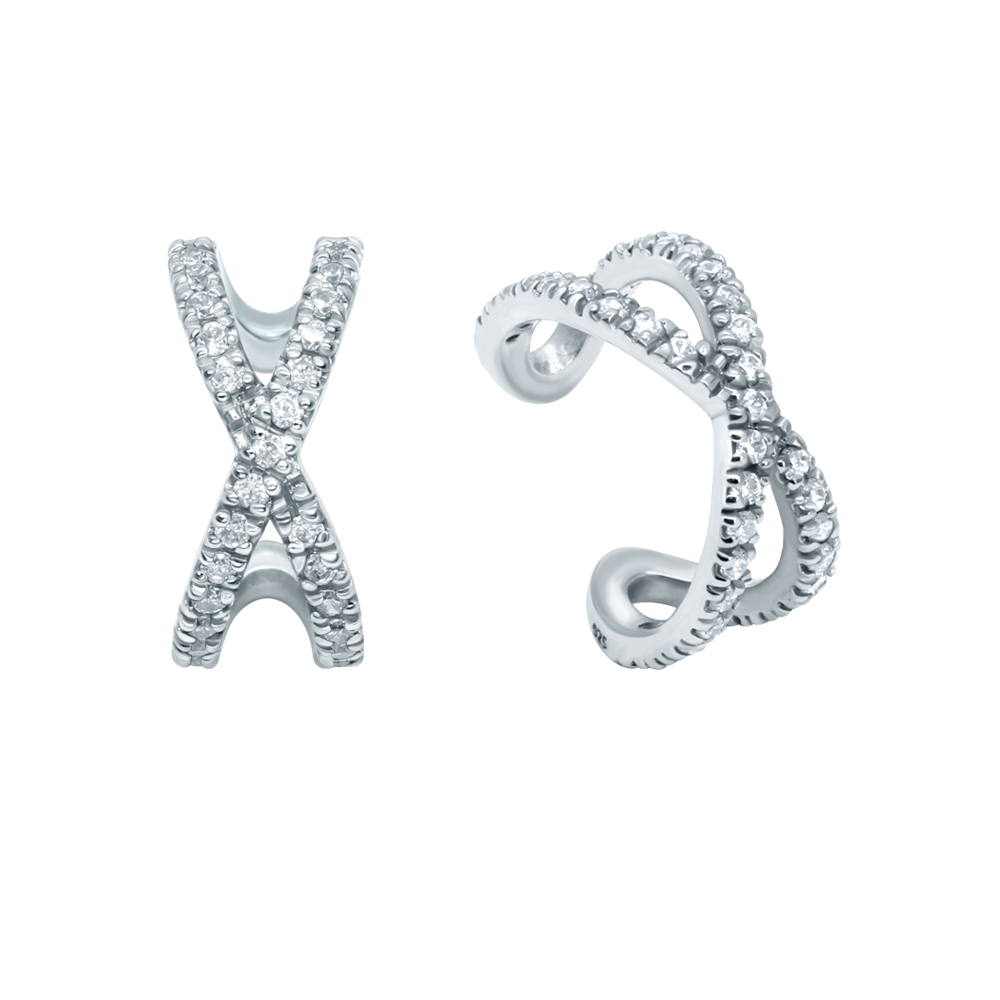 עגיל ללא חור קליפ מכסף איקס קריסטלים לבנים משובצים