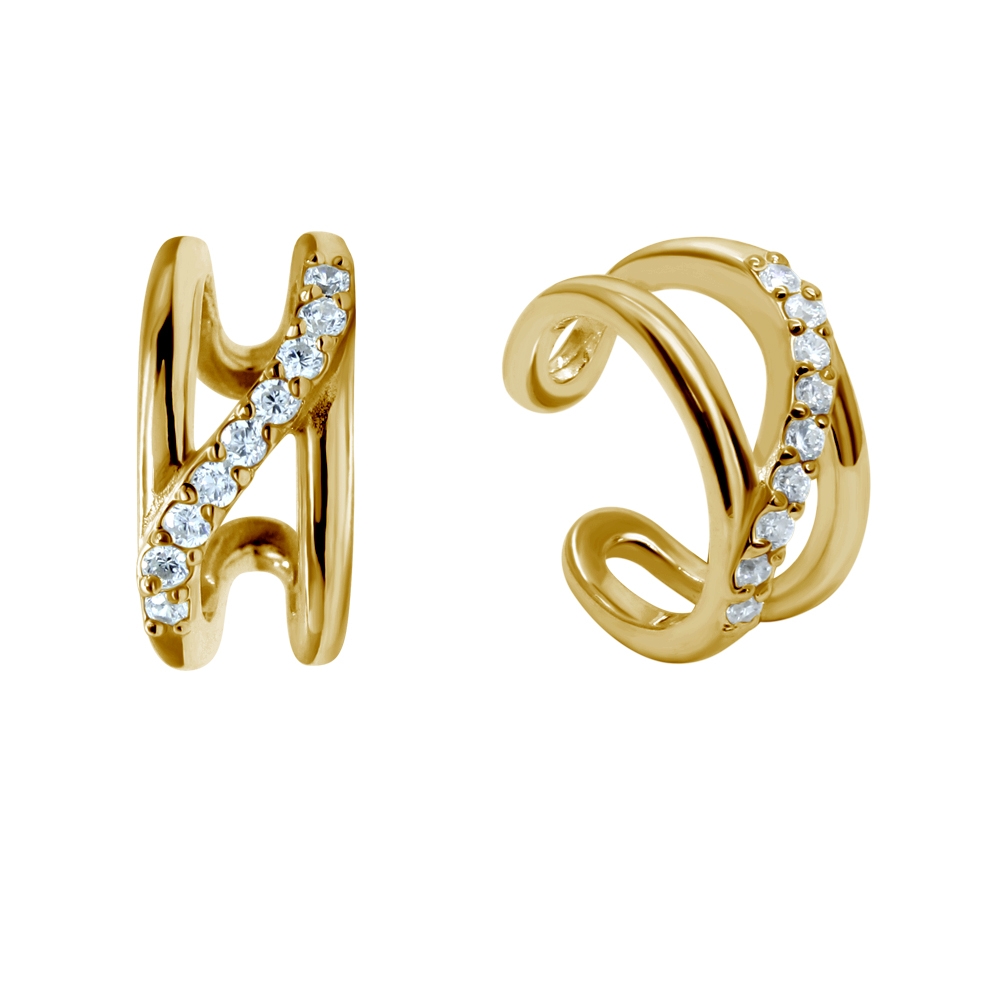 עגיל ללא חור קליפ מכסף וציפוי זהב גל של קריסטלים לבנים משובצים