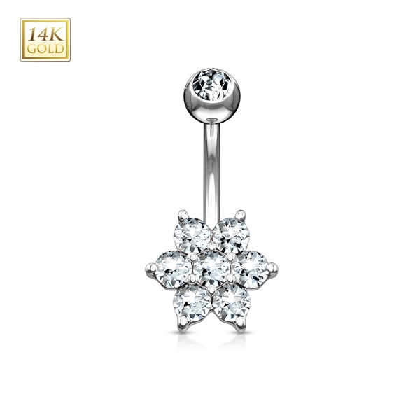 עגיל לטבור מזהב לבן - פרח בינוני