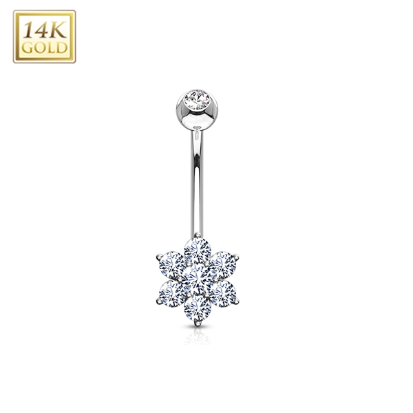 עגיל לטבור מזהב לבן - פרח קטן