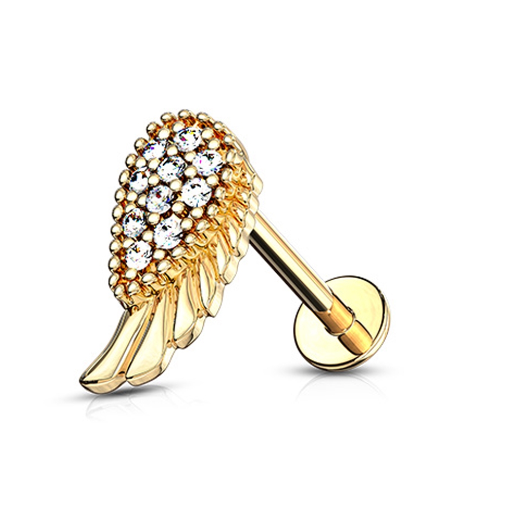עגיל פירסינג הליקס / קונץ' / פלאט מציפוי זהב - כנף וקריסטלים לבנים