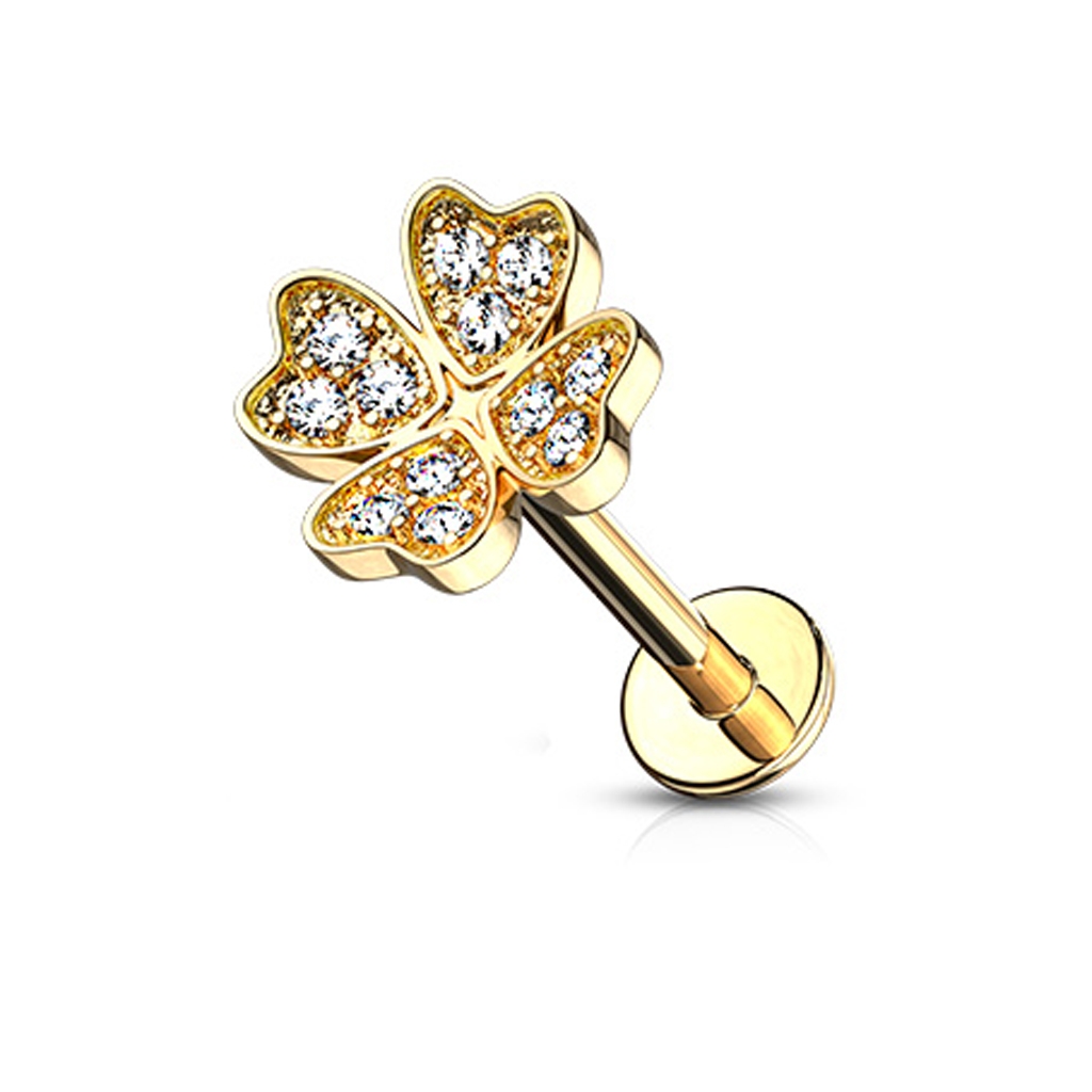 עגיל פירסינג הליקס / קונץ' / פלאט מציפוי זהב - תלתן וקריסטלים לבנים