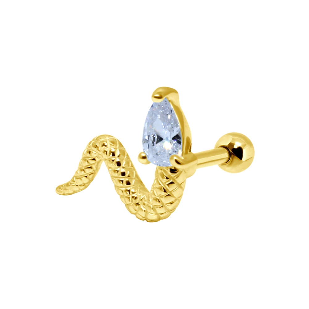 עגיל פירסינג הליקס מציפוי זהב - נחש וקריסטל לבן