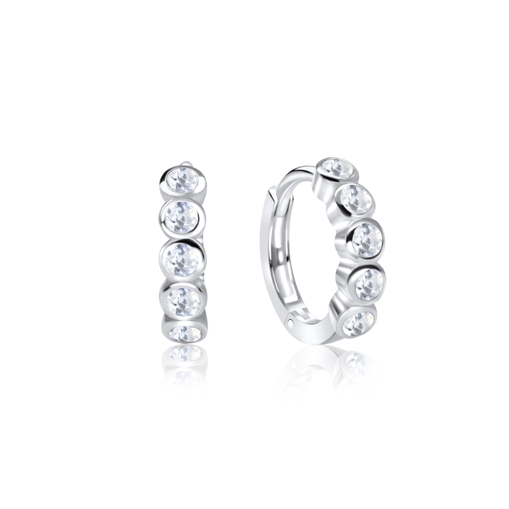 זוג עגילי חישוק האגיס (עגיל בודד) 8 מ"מ מכסף עם קריסטלים לבנים משובצים עגולים