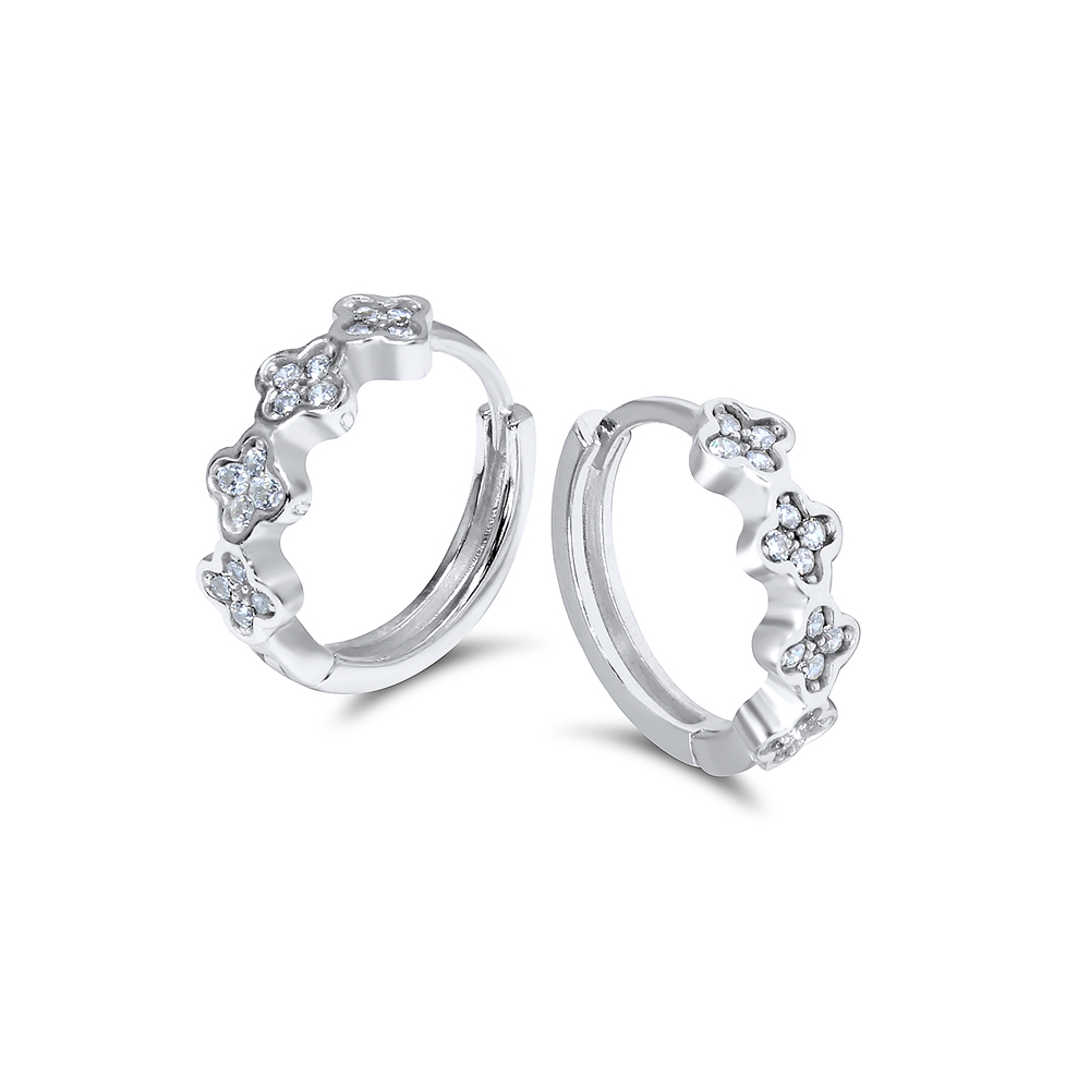 זוג עגילי חישוק האגיס (עגיל בודד) 10 מ"מ מכסף עם 4 פרחים וקריסטלים לבנים