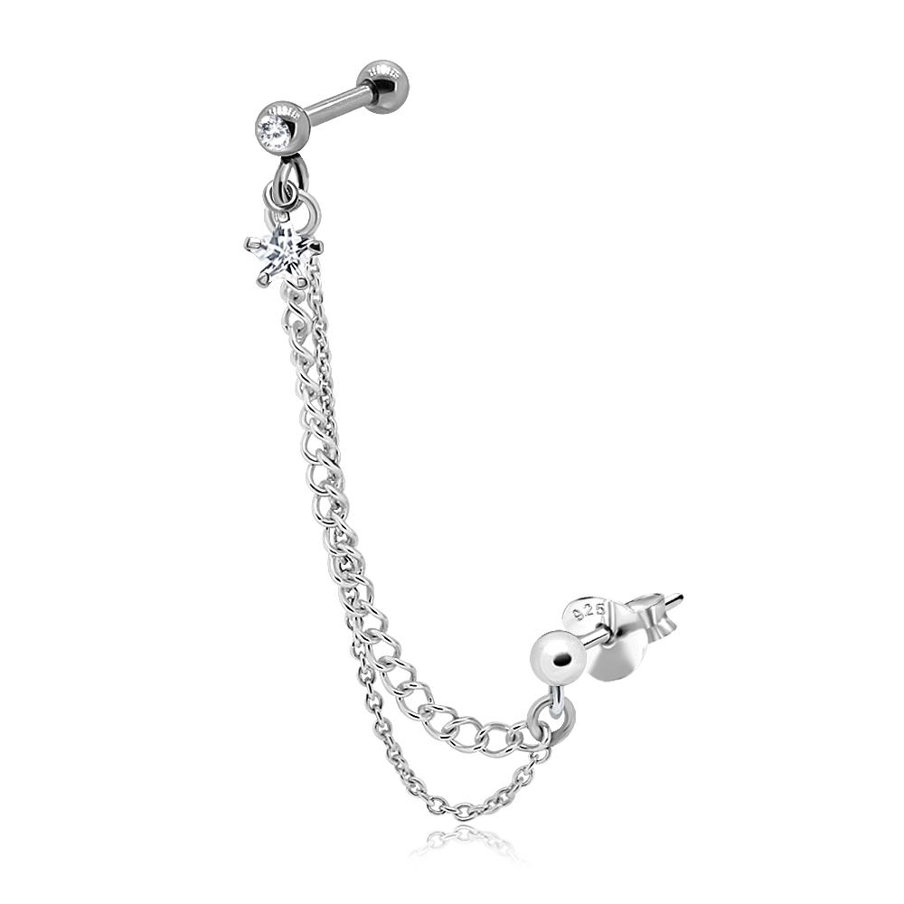 פירסינג הליקס ועגיל - שרשרת כפולה וקריסטל כוכב לבן