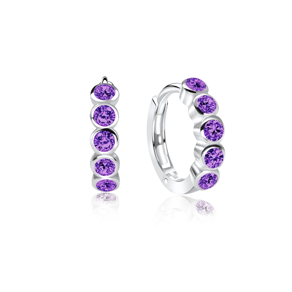 זוג עגילי חישוק האגיס (עגיל בודד) 8 מ"מ מכסף עם קריסטלים סגולים משובצים עגולים